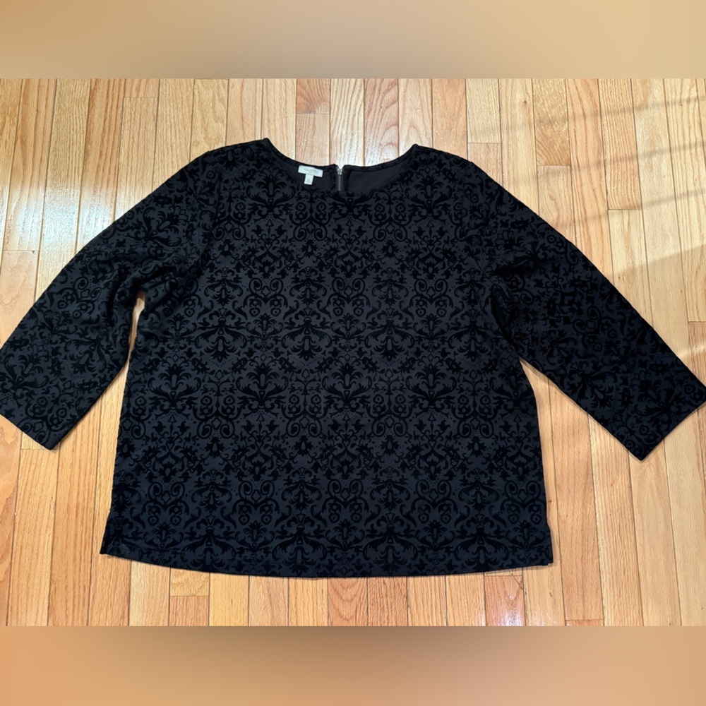Talbots Black and Green Velvet Burnout Patterned Top